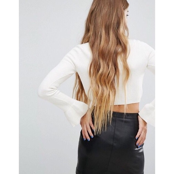 Cream Mock Neck Flare Sleeve Crop Sweater - Picture 4 of 5